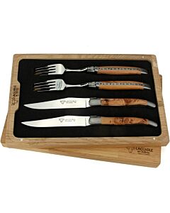Laguiole en Aubrac cutlery set 2 knives + 2 forks olive wood 